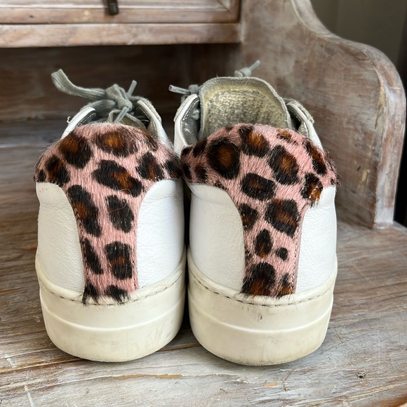 🤍 P448 White Leather Leopard Sneakers Size 39 Suede Toe Platform - Picture 5 of 12